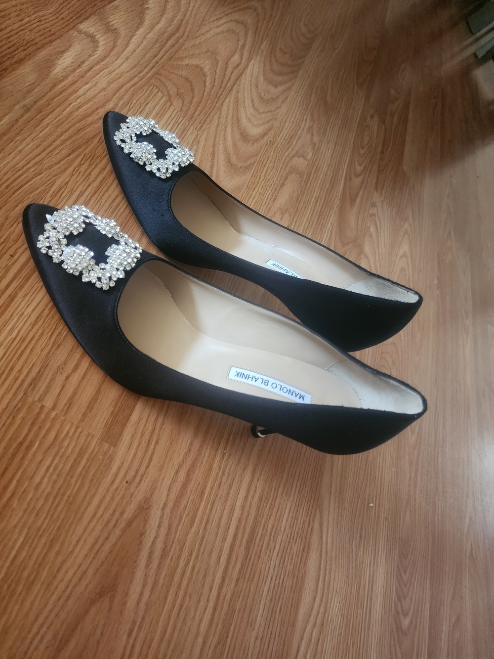 Manolo Blahnik Black Satin Crystal-Buckle Pointed Pumps